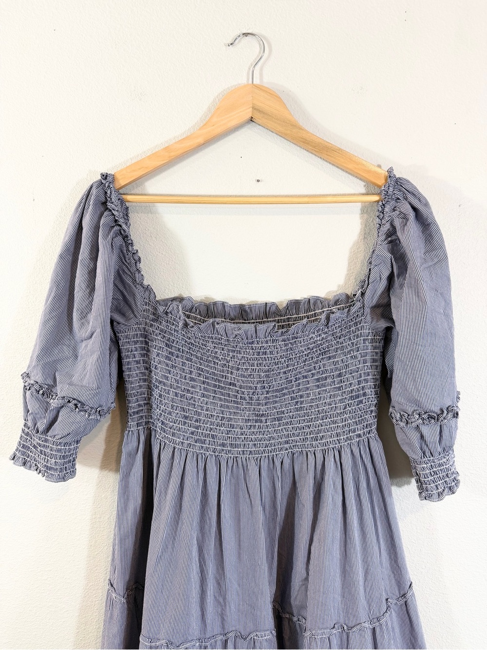 Hill House Nesli Nap Dress Size L Blue White Gingham Tiered Midi Puff Sleeve - Picture 3 of 10